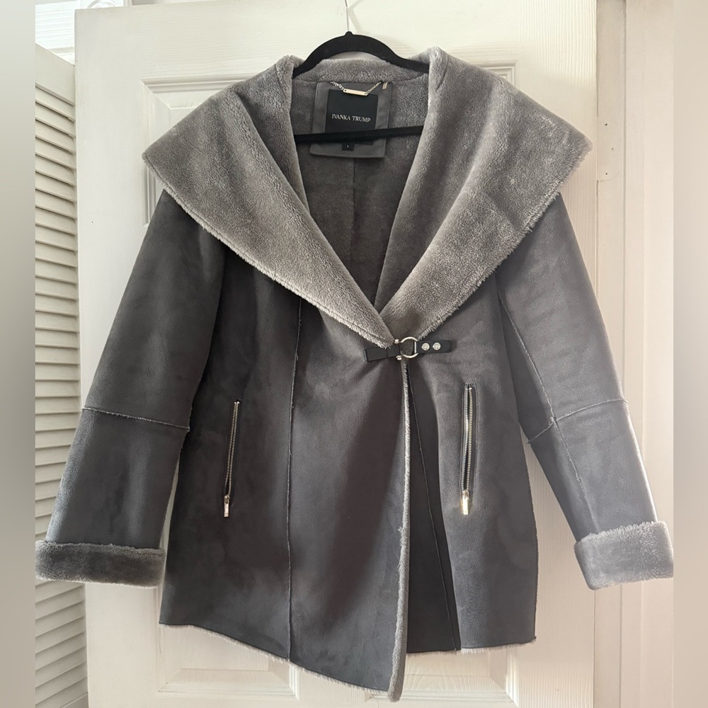 Ivanka Trump Gray Teddy Jacket with Faux Fur Trim